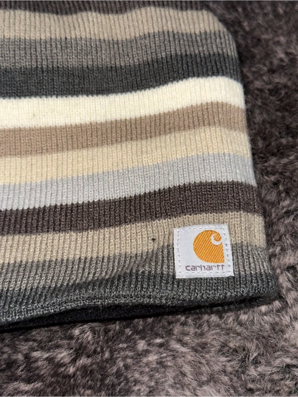 Carhartt Youth Blue Tan Striped Fleece Lined Beanie Hat OS Skater Streetwear